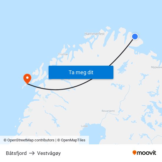 Båtsfjord to Vestvågøy map