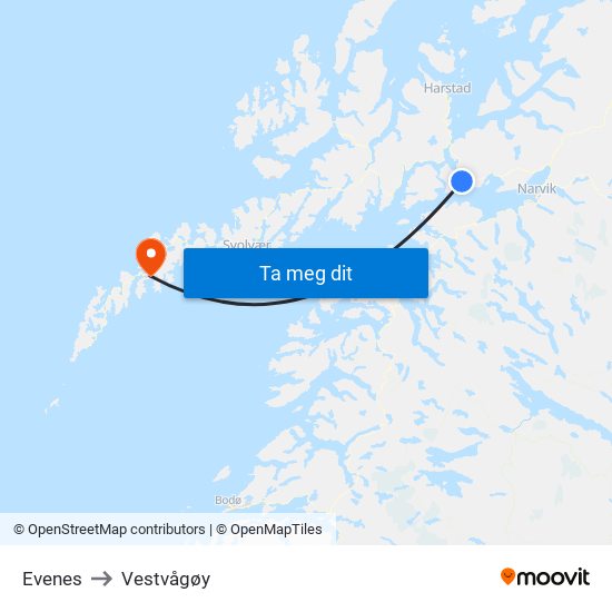 Evenes to Vestvågøy map