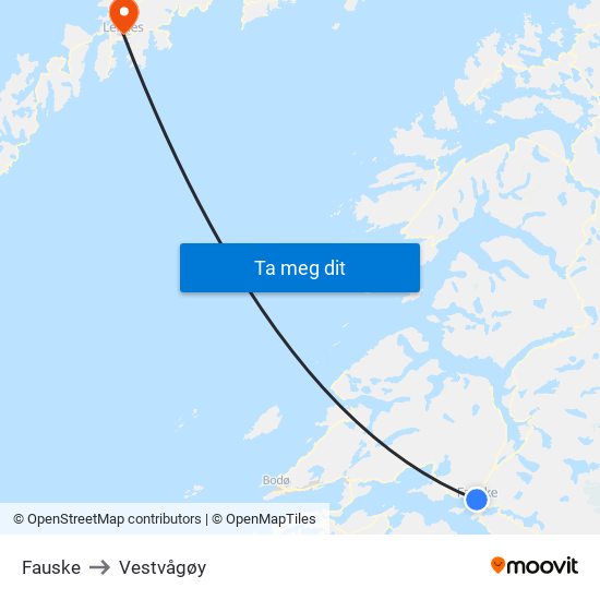 Fauske to Vestvågøy map