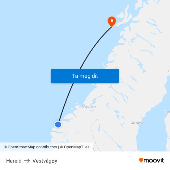 Hareid to Vestvågøy map