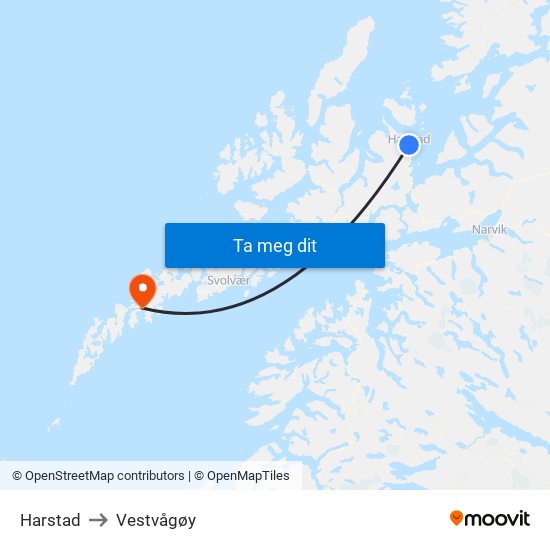 Harstad to Vestvågøy map