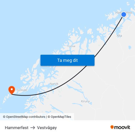 Hammerfest to Vestvågøy map
