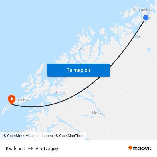 Kvalsund to Vestvågøy map