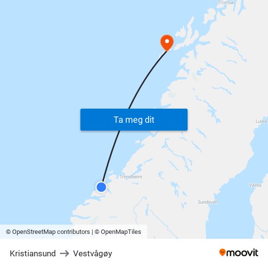 Kristiansund to Vestvågøy map
