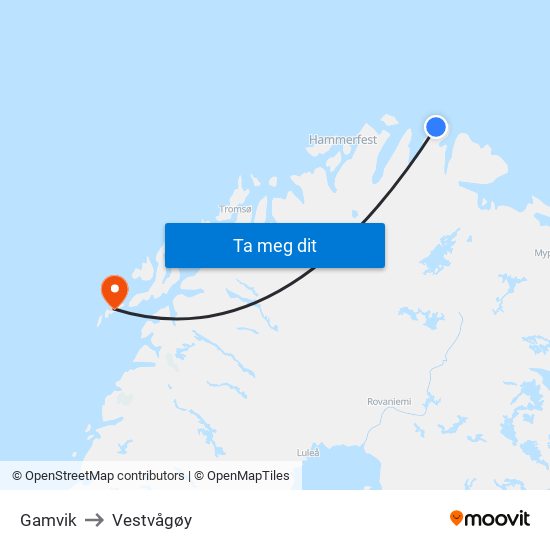 Gamvik to Vestvågøy map