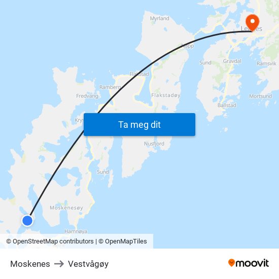 Moskenes to Vestvågøy map