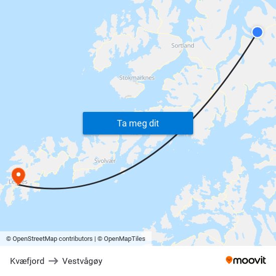 Kvæfjord to Vestvågøy map