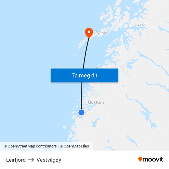Leirfjord to Vestvågøy map