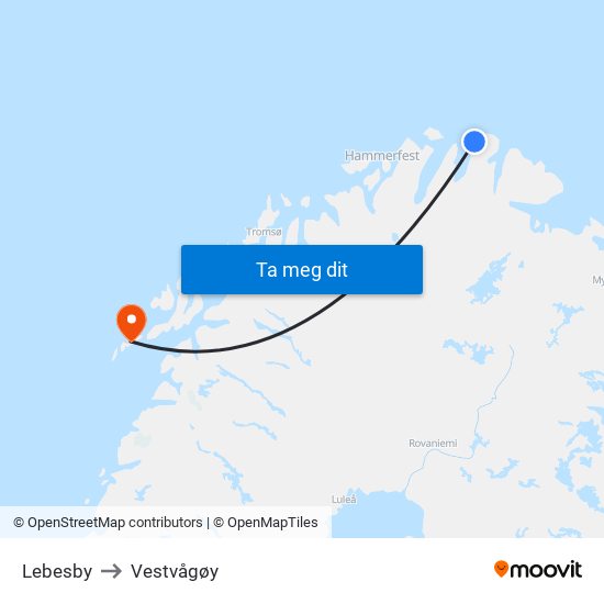 Lebesby to Vestvågøy map