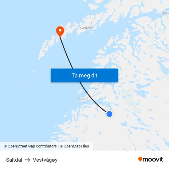 Saltdal to Vestvågøy map