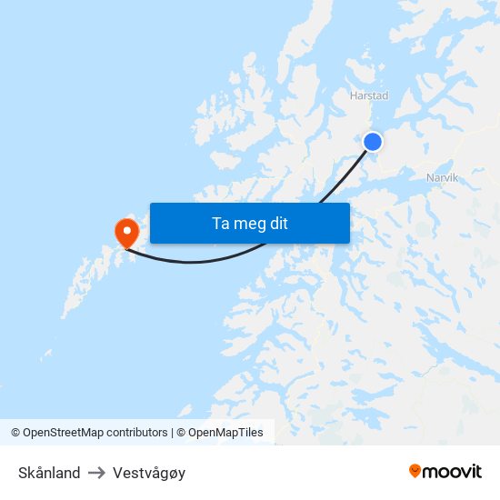 Skånland to Vestvågøy map