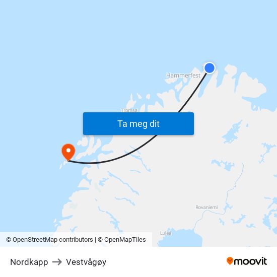 Nordkapp to Vestvågøy map