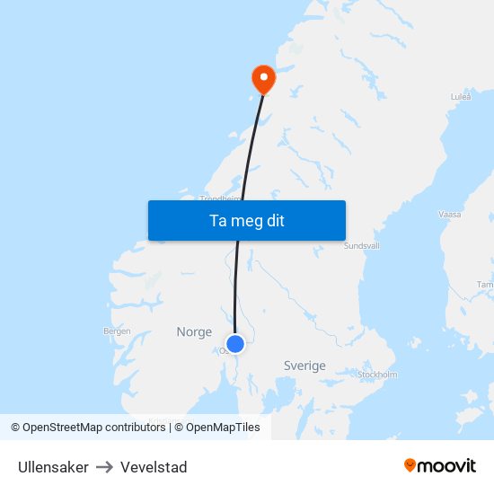 Ullensaker to Vevelstad map