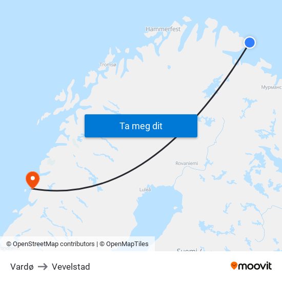 Vardø to Vevelstad map