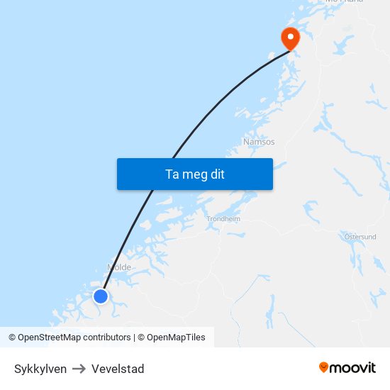 Sykkylven to Vevelstad map