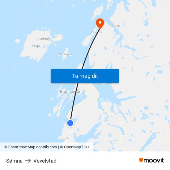 Sømna to Vevelstad map