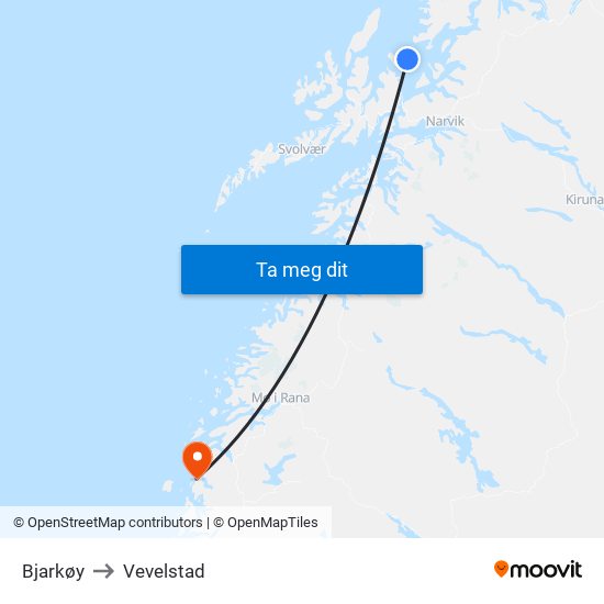 Bjarkøy to Vevelstad map