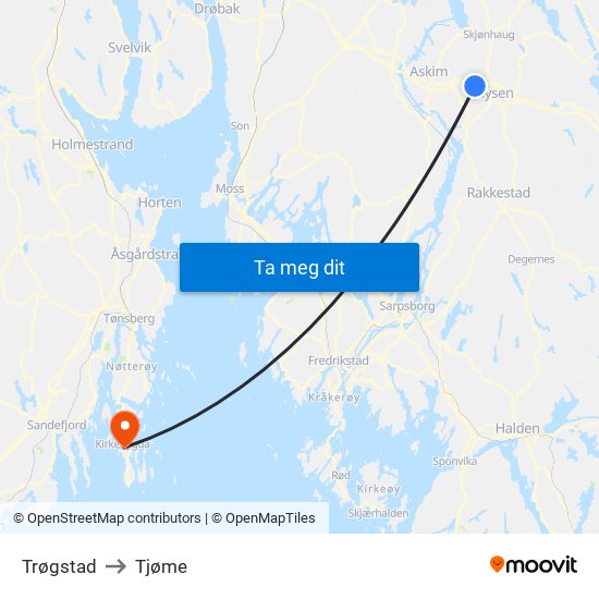 Trøgstad to Tjøme map