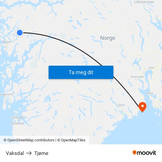 Vaksdal to Tjøme map