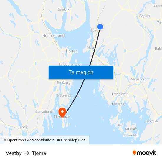 Vestby to Tjøme map