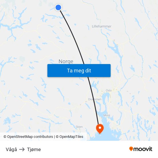 Vågå to Tjøme map