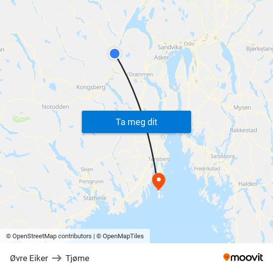Øvre Eiker to Tjøme map