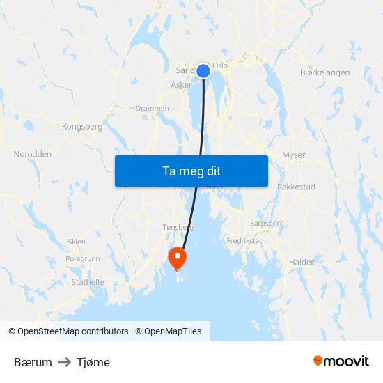 Bærum to Tjøme map