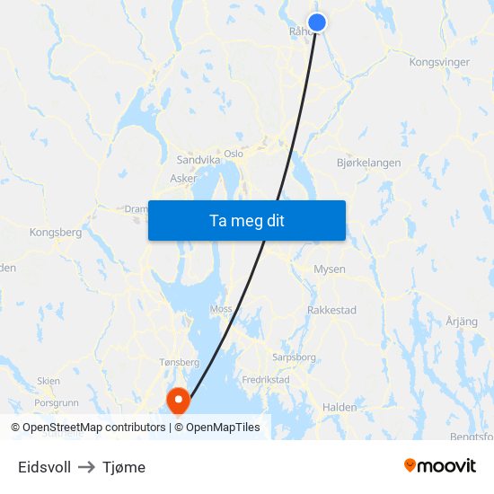 Eidsvoll to Tjøme map