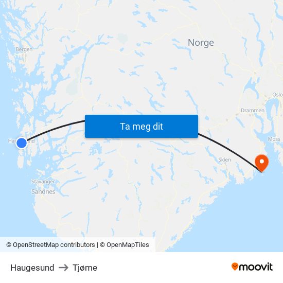 Haugesund to Tjøme map