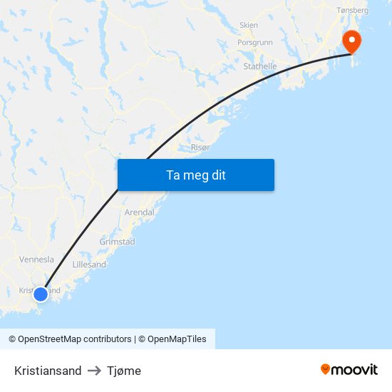 Kristiansand to Tjøme map