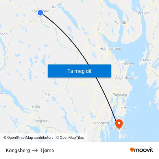 Kongsberg to Tjøme map
