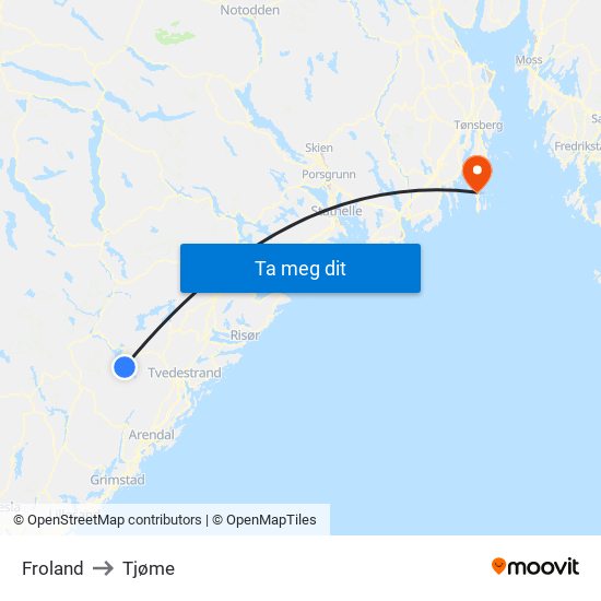 Froland to Tjøme map