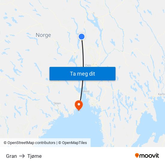 Gran to Tjøme map