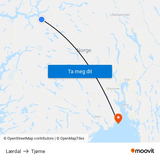 Lærdal to Tjøme map