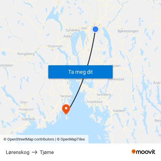 Lørenskog to Tjøme map