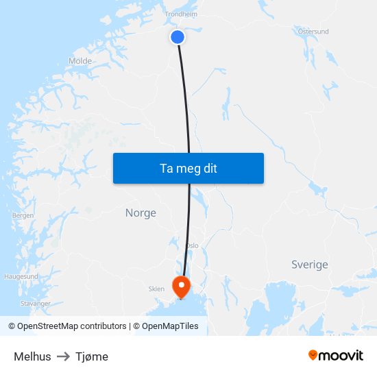 Melhus to Tjøme map