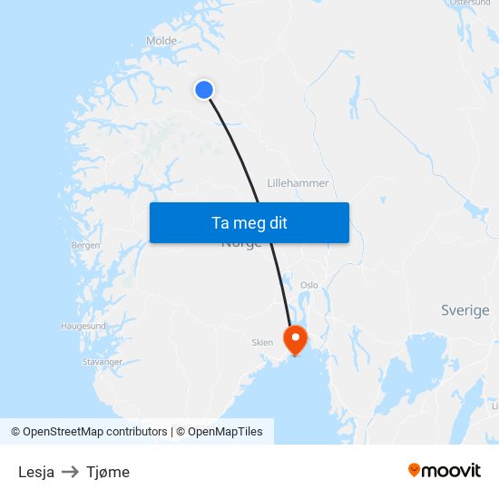 Lesja to Tjøme map