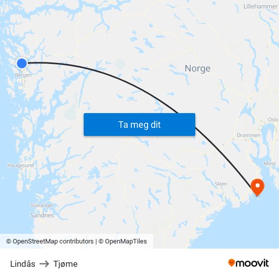 Lindås to Tjøme map