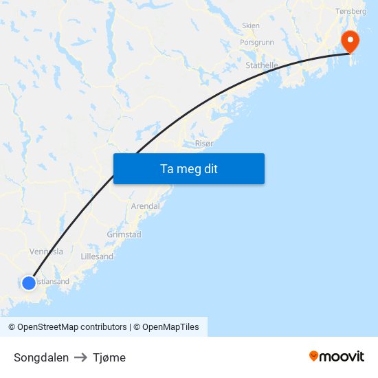 Songdalen to Tjøme map