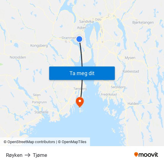 Røyken to Tjøme map