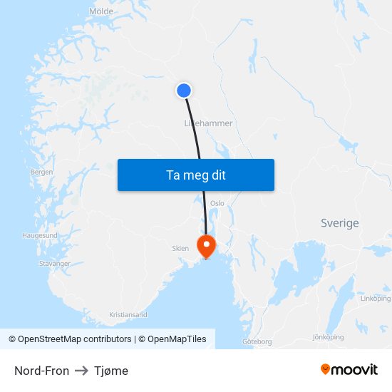 Nord-Fron to Tjøme map