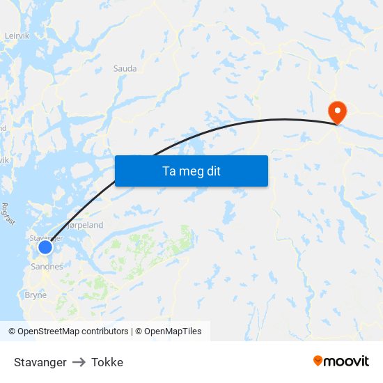 Stavanger to Tokke map