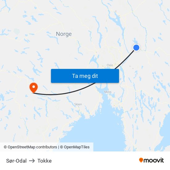 Sør-Odal to Tokke map