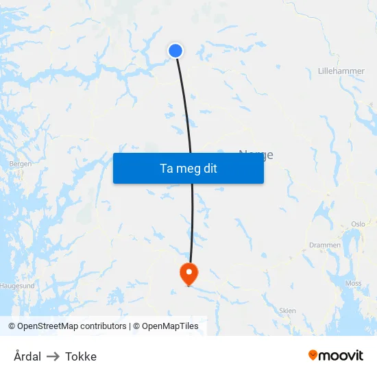 Årdal to Tokke map