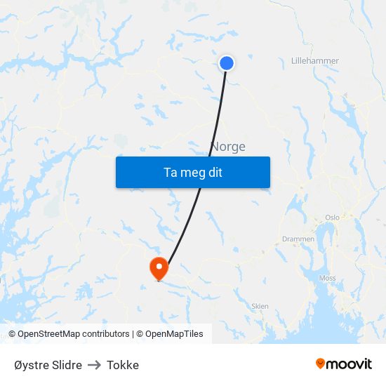 Øystre Slidre to Tokke map