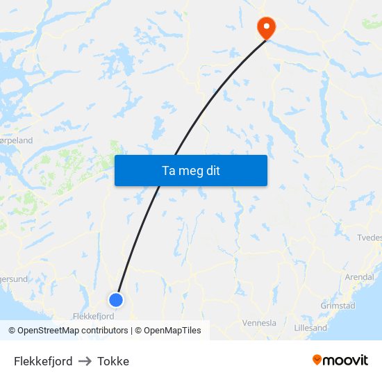 Flekkefjord to Tokke map