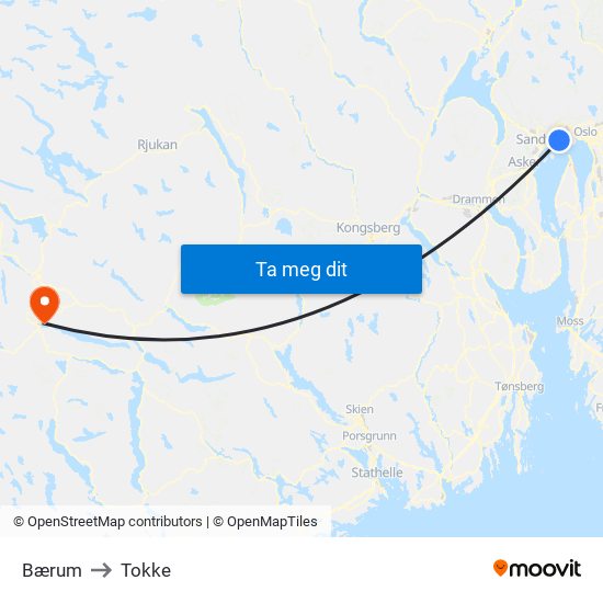 Bærum to Tokke map