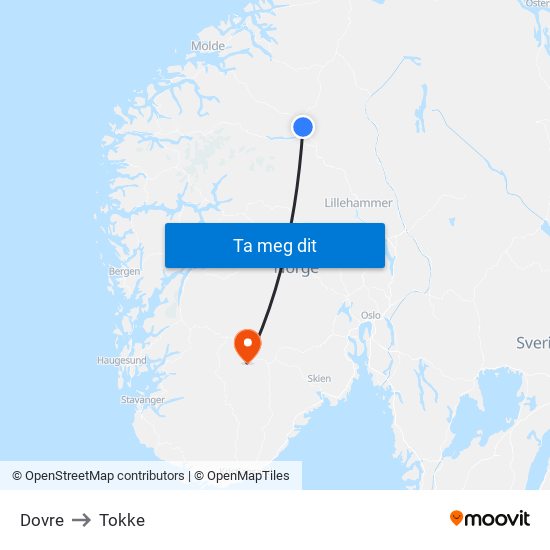 Dovre to Tokke map