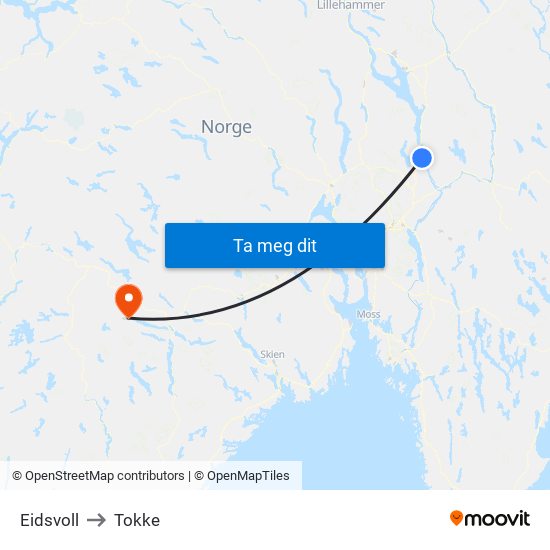 Eidsvoll to Tokke map