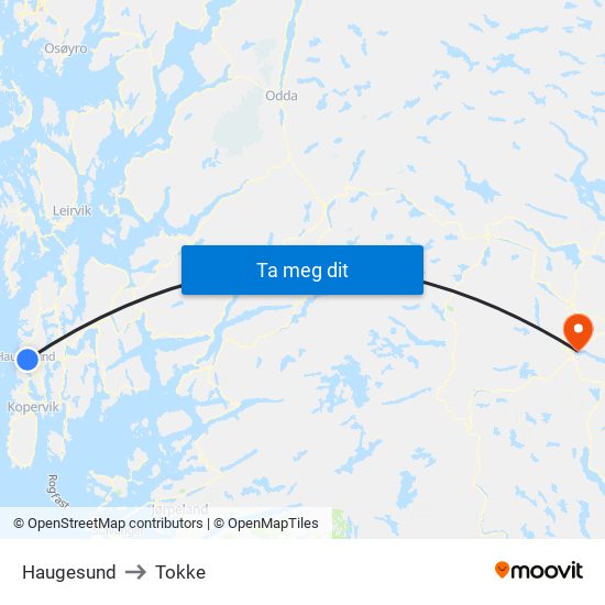 Haugesund to Tokke map